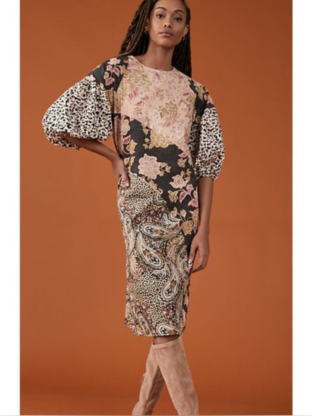Anthropologie Mixed-Print Patchwork Balloon-Sleeve Dress in Pink and Black